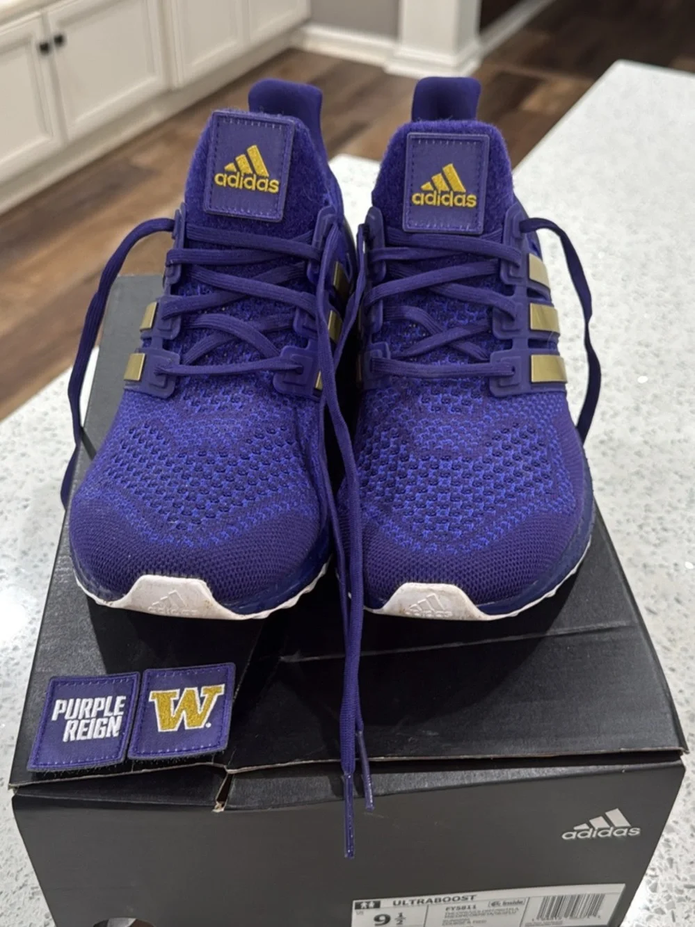 adidas Kids Purple Knit Sneakers with Gold Three Stripes